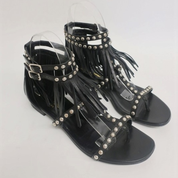 Saint Laurent Shoes - Saint Laurent Nu Pieds Studded Fringe Flat Sandals